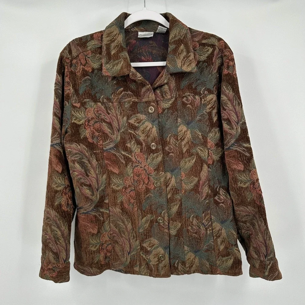 Chicos Womens Cottagecore Tapestry Jacket Sz 1 US M Floral Artsy Eclectic Indie